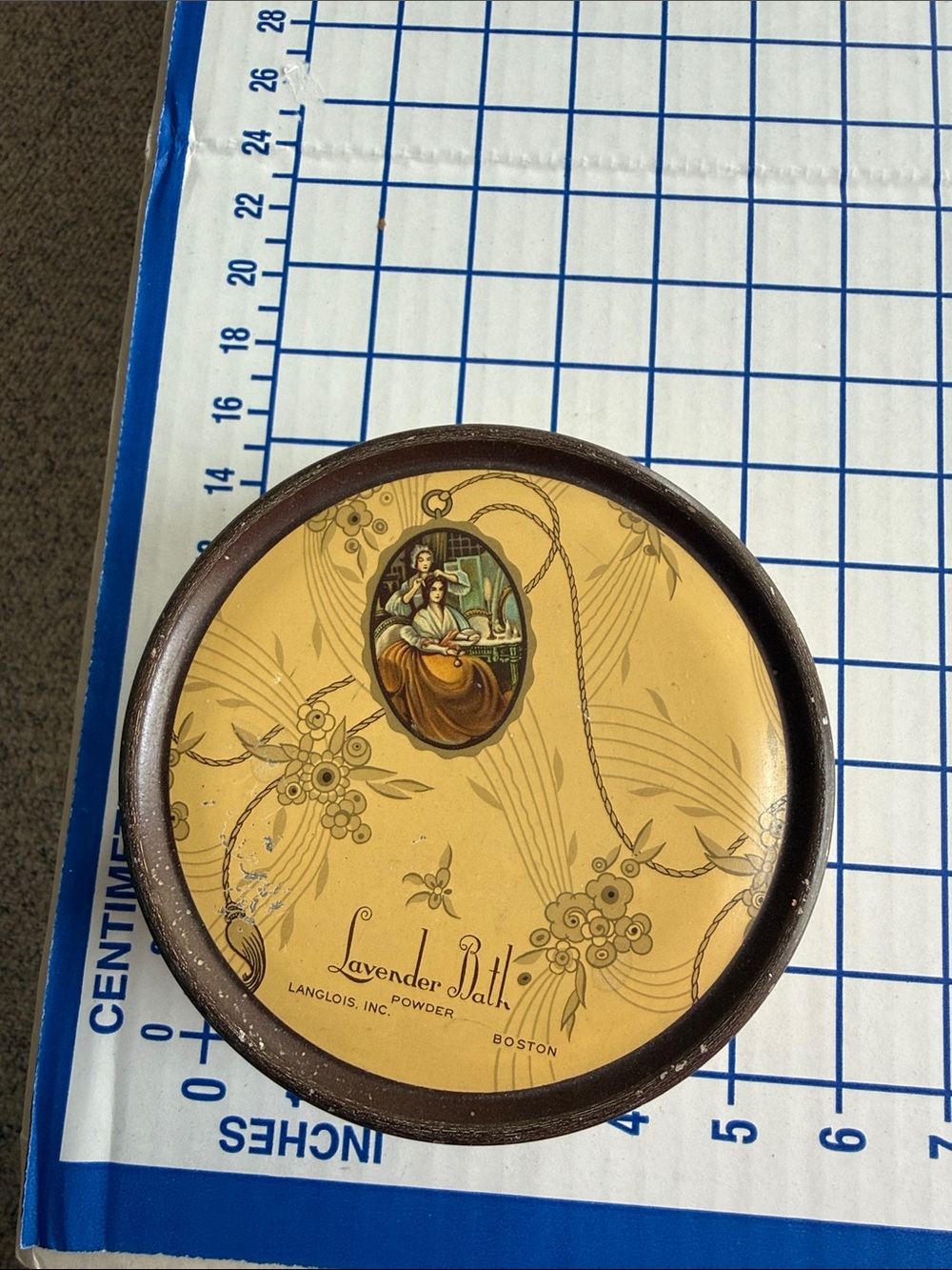 Antique 1930s Langlois Lavender Bath Powder Tin Art Deco Vanity Advertising